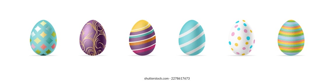 Realistic Easter eggs set. Different 3D isolated egg with colourful pattern. Vector illustration