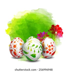 Realistic Easter eggs. Watercolor paints. Vector objects. 3D. Vector background. Folk floral painting. 