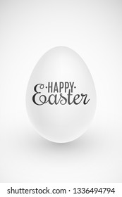 Realistic Easter white 3D egg on white background. Cover for happy easter. Beautiful text banner. Soft shadow. Festive web banner. Vector illustration. EPS 10