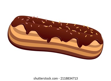 Realistic eclair with dark chocolate isolated on white background - Vector illustration