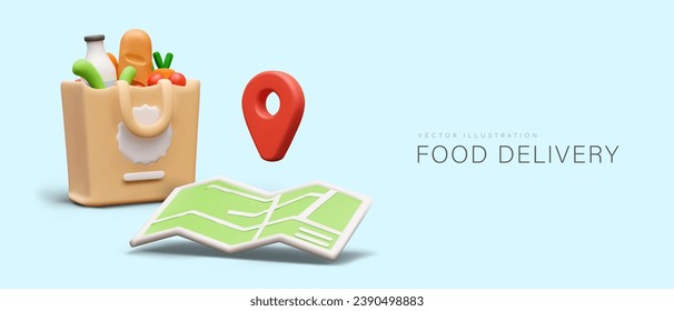 Realistic eco bag and open map with pin. Food delivery concept. Online supermarket order and delivery. Vector illustration in 3D style with blue background