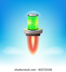 realistic eco battery with flame platform. eco rocket battery.