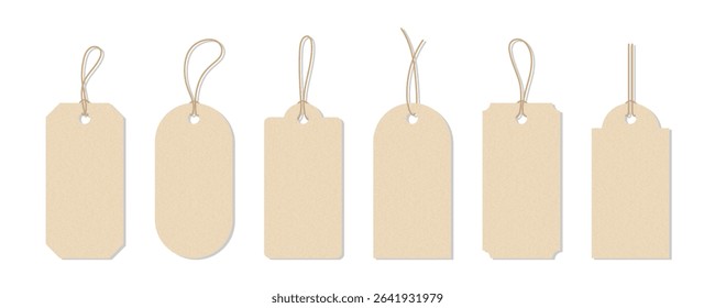 Realistic eco paper tag set. Organic hanging rectangle textured craft label. Ideal for price tags, labels, sale design, business packaging, gift decor, handmade products, branding card