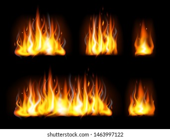 Realistic editable fire flames set isolated on black background. Special burning light effect with sparks collection for design and decoration. Vector Illustration