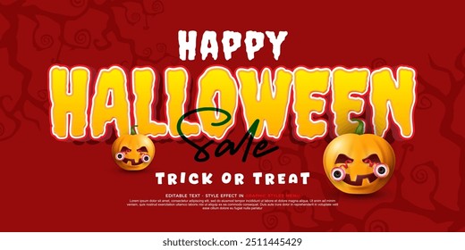 Realistic editable text effect halloween sale banner with scary pumpkins illustration
