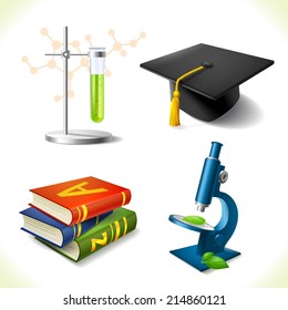 Realistic education icons set of laboratory flask graduation hat book microscope isolated vector illustration