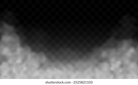 Efecto realista de humo, niebla, nubes, vapor sobre fondo transparente aislado. Ilustración vectorial de niebla ahumada o vapor tóxico.