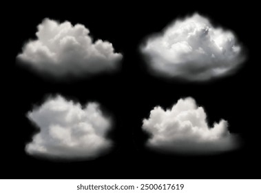 Realistic effect of steam, smoke, clouds on black background. 3d natural elements