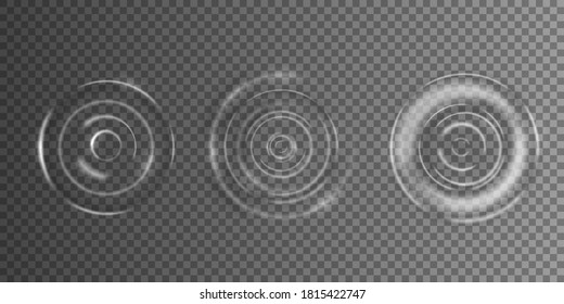 Realistic effects of falling drops or sound waves, concentric circles in a puddle. Ripple, splash of water, waves on the surface of a drop. 