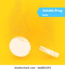 Realistic Effervescent Orange Tablet Pills. Soluble Drug, Vitamin, Aspirin and so on. Vector illustration