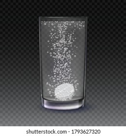 Realistic effervescent tablet in glass of water. Vector realistic effervescent pill with bubbles dissolving in glass of water