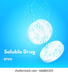 Realistic Effervescent Tablet Pills on Blue Background. Soluble Drug, Vitamin, Aspirin and so on. Vector illustration