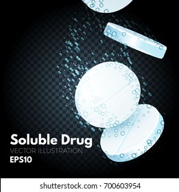 Realistic Effervescent Tablet Pills on Transparent Background. Soluble Drug, Vitamin, Aspirin and so on. Vector illustration
