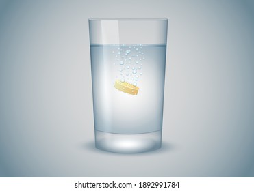 Realistic effervescent tablets in glass of water. Vector realistic effervescent pill with bubbles dissolving in glass of water.