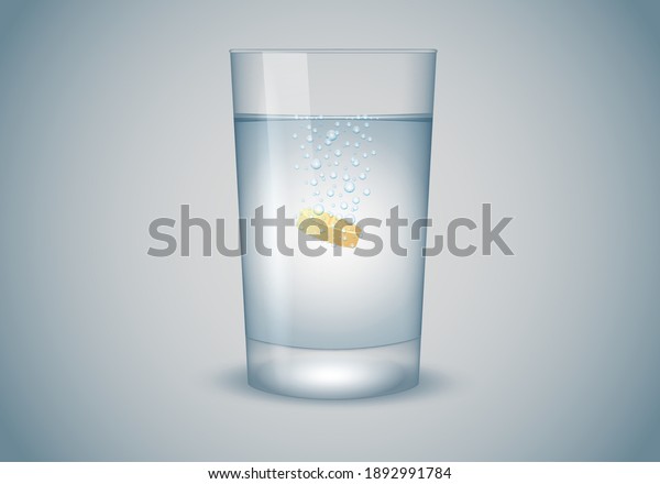 Realistic effervescent tablets in glass of water.\
Vector realistic effervescent pill with bubbles dissolving in glass\
of water.