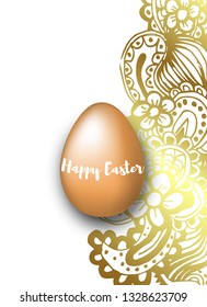 realistic egg and hand draw gold flowers. Happy easter vector illustration