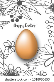 realistic egg and hand draw gray flowers. Happy easter vector illustration