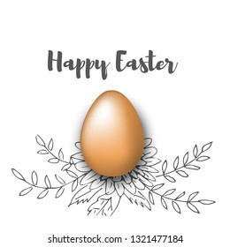 realistic egg and hand draw gray flowers. Happy easter vector illustration
