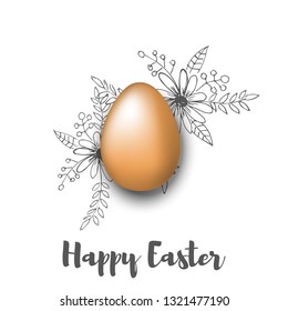 realistic egg and hand draw gray flowers. Happy easter vector illustration