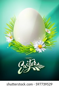 Realistic Egg Hunt poster with typography Hello Easter. Vector illustration. Greeting banner with calligraphy, green grass and flowers. Vertical. Decorative symbol