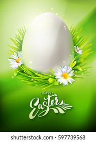 Realistic Egg Hunt poster with typography Hello Easter. Vector illustration. Greeting banner with calligraphy, green grass and flowers. Vertical.