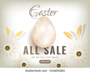 Realistic egg illustration with paper cut bunny ears and flower for Happy Easter sale banner or poster design.