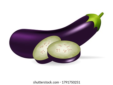Realistic Eggplant and slices, isolated on white. Vector illustration