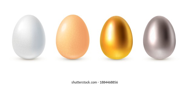 Realistic eggs. 3d white, golden, silver and natural beige colors chicken eggs, easter decoration isolated objects. Vector set