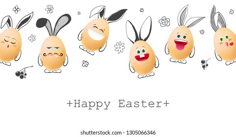 Realistic eggs with emoticons and with painted elements. Happy easter. Vector illustration