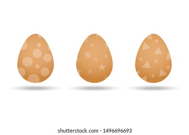 Realistic eggs with geometric patterns. Three eggs are brown. Chicken eggs for easter. Holiday boiled eggs.