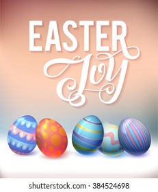 Realistic eggs on pastel background. Easter Calligraphy Vector illustration. Greeting Card. 