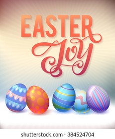Realistic eggs on pastel background. Easter Calligraphy Vector illustration. Greeting Card