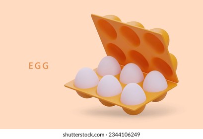 Realistic eggs in package. Half dozen eggs in plastic box. Container for storage and transportation. Natural farm product. Ecological food. Color concept for grocery stores