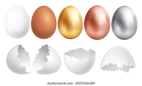 Realistic eggs. White egg and broken shell, golden silver bronze easter hunting elements. Farm product vector set