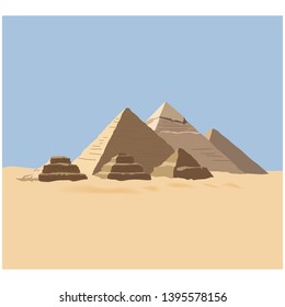 Realistic Egypt pyramids. Famous African landmark, historical place in Giza. Egyptian pharaoh tomb, Cairo touristic center, travel destination. Ancien architecture in sand dunes. Vector illustration -