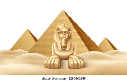 Realistic Egypt pyramids with sphinx. Famous African landmark, historical place in Giza. Egyptian pharaoh tomb, Cairo tourism and travel destination. Ancien architecture in sand dunes. Vector