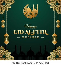 Realistic eid al fitr mubarak illustration with candle and three dimensional arabic ornamental
