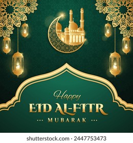 Realistic eid al fitr mubarak illustration with lantern and three dimensional arabic ornamental