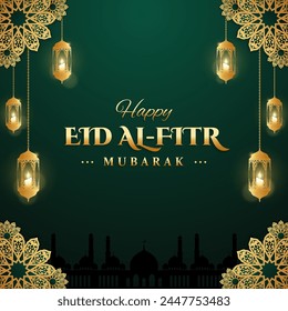 Ilustración realista de eid al fitr mubarak con vela y ornamental árabe tridimensional