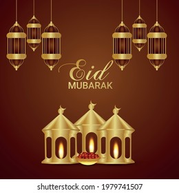 Realistic eid mubarak background with candles and pattern moon