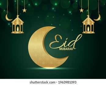 Realistic eid mubarak background with golden moon and lantern