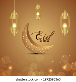 Realistic eid mubarak background with golden moon and lantern