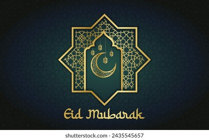 Realistic Eid Mubarak Background with Golden Lantern, Moon, and Mosque Vector Illustration. Eid Greeting Banner or Poster Vector Template Design. Arabic Islamic calligraphy ornamental design