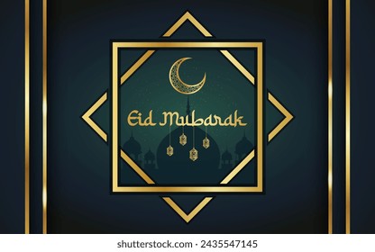 Realistic Eid Mubarak Background with Golden Lantern, Moon, and Mosque Vector Illustration. Eid Greeting Banner or Poster Vector Template Design. Arabic Islamic calligraphy ornamental design