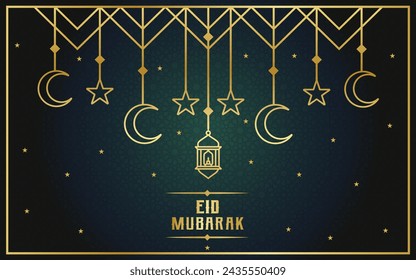 Realistischer Eid Mubarak Hintergrund mit goldener Laterne, Mond und Sternen Vektor-Illustration. Eid Gruß Banner oder Poster Vektor-Vorlage Design. Arabisch Islamische Kalligraphie Ornamentdesign