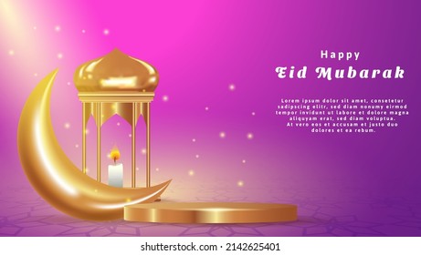 realistic eid mubarak background with light, golden podium ,moon, and lantern. islamic vector illustration