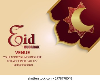 Realistic eid mubarak celebration greeting card with pattern moon and lantern