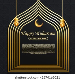 Realistic Eid Mubarak hanging lantern with Arabic style arch and Islamic crescent moon