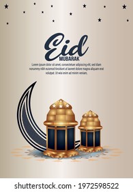 Realistic eid mubarak invitation background with islamic lantern and pattern moon