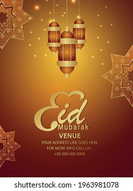 Realistic eid mubarak party flyer with arabic pattern lantern